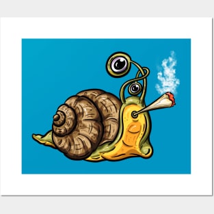 Toking Smoking Weed Snail Cartoon Illustration Posters and Art